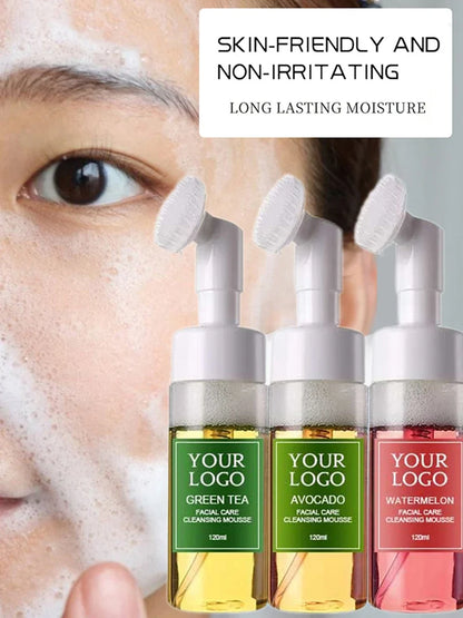 120ml Custom Logo Face Wash Private Label with Brush Avocado Watermelon Green Tea Cleansing Mousse Liquid Face Clean Makeup Milk