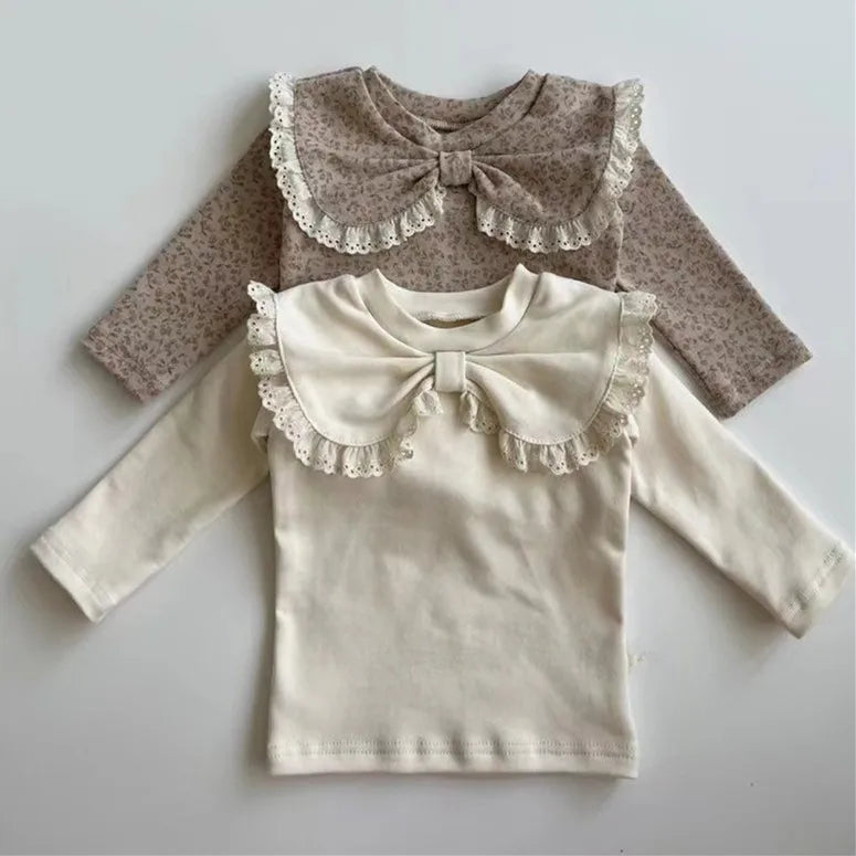 2024 Autumn New Baby Girl Long Sleeve T Shirts Infant Bow Bottoming Shirt Floral Casual Tops Toddler Kids Clothes Baby Tees