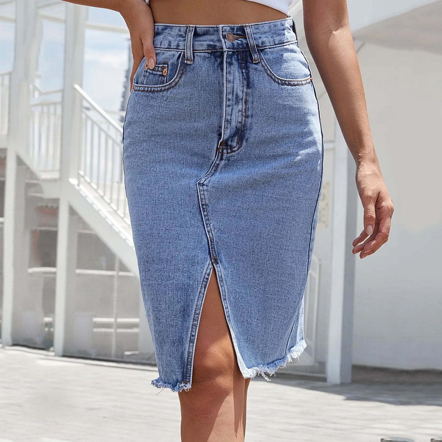 Jean Skirts for Women Summer High Waist Mid Length Front Slit Wrap Hip Denim Skirt Casual Temperament Denim Pencil Skirt