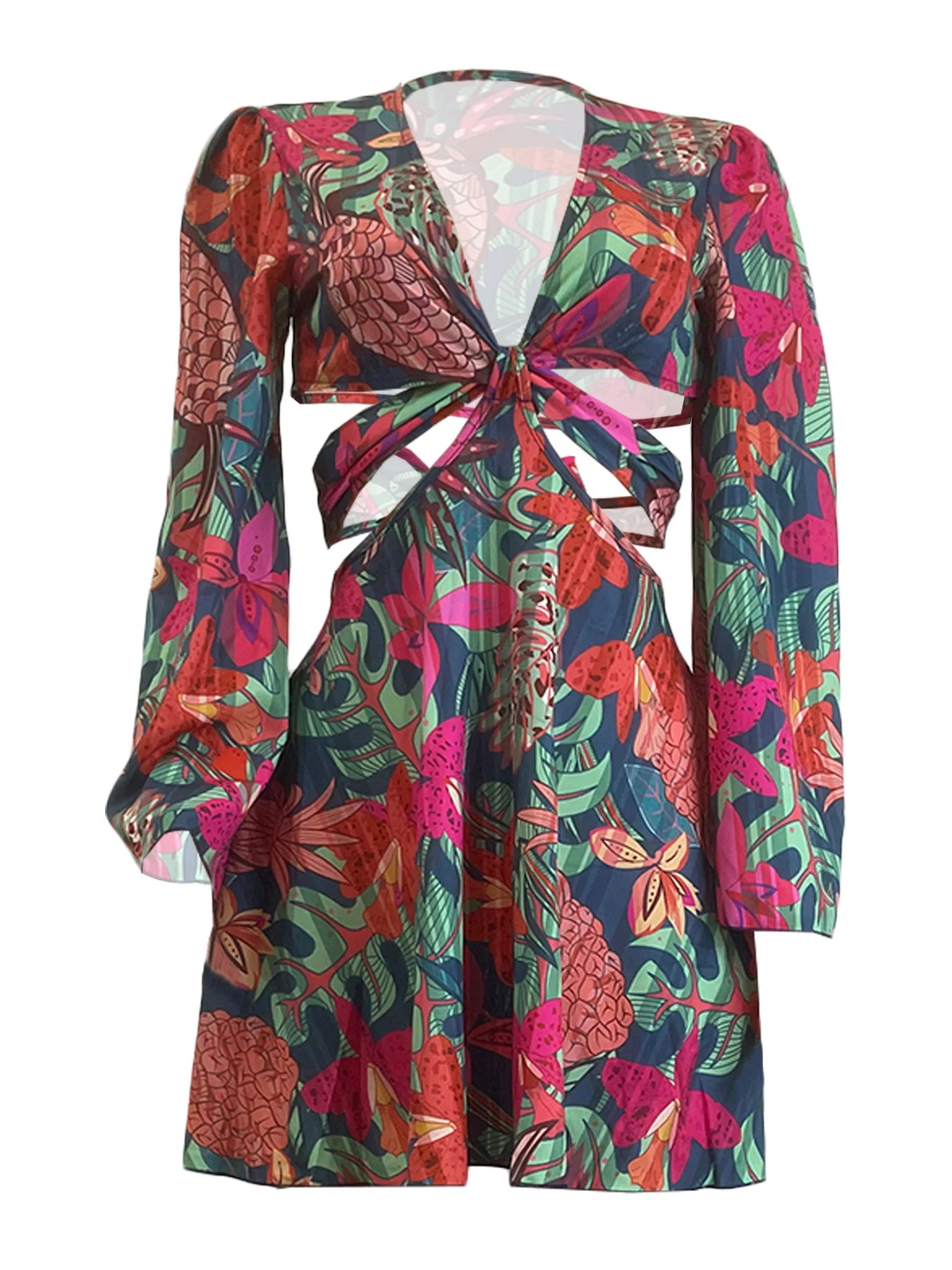Two Piece Sets Women Skirt Set Print Floral Matching Sets V Neck Flare Sleeve Top Short Skirts Dress Sets Lace Up High Waist