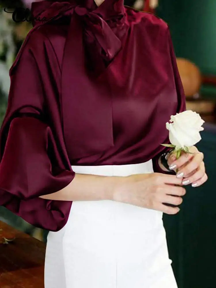 Celmia Elegant Women Satin Blouse Bow Tie Neck Shirt Lantern Sleeve Top 2024 Summer Fashion Female Office Tunic Casual OL Blusas
