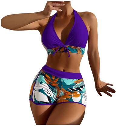 Women's Paneled Printed Swimsuit Ladies Fashion Sexy Split Boxer High Waist Swimsuit Two-Piece Set V-Neck Bathing Suits Female
