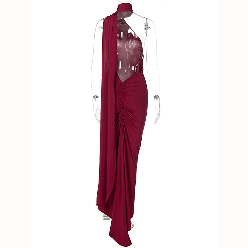 Hugcitar One Shoulder Backless Adjustable Scarf Loop Ruched Sexy Maxi Dress 2025 Women Elegant Y2K Streetwear Festival Outfit