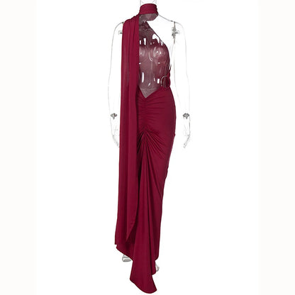 Hugcitar One Shoulder Backless Adjustable Scarf Loop Ruched Sexy Maxi Dress 2025 Women Elegant Y2K Streetwear Festival Outfit