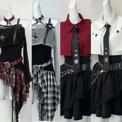 Gothic Harajuku 2 Piece Sets Womens Vintage Y2k Crop Top Blouse + Black High Waist Retro Skirt Belt Party Vintage Sets Chic