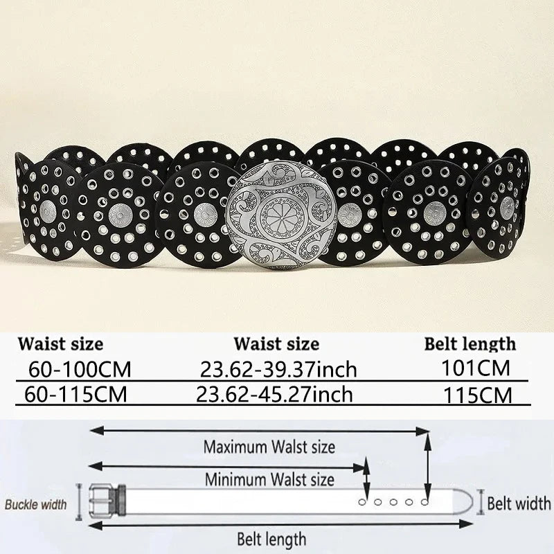 Women's Western Denim Belt High Quality Metal Hollow Ladies Trend Wide Waistband Vintage Personalized Round Belts DT148