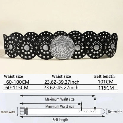 Women's Western Denim Belt High Quality Metal Hollow Ladies Trend Wide Waistband Vintage Personalized Round Belts DT148