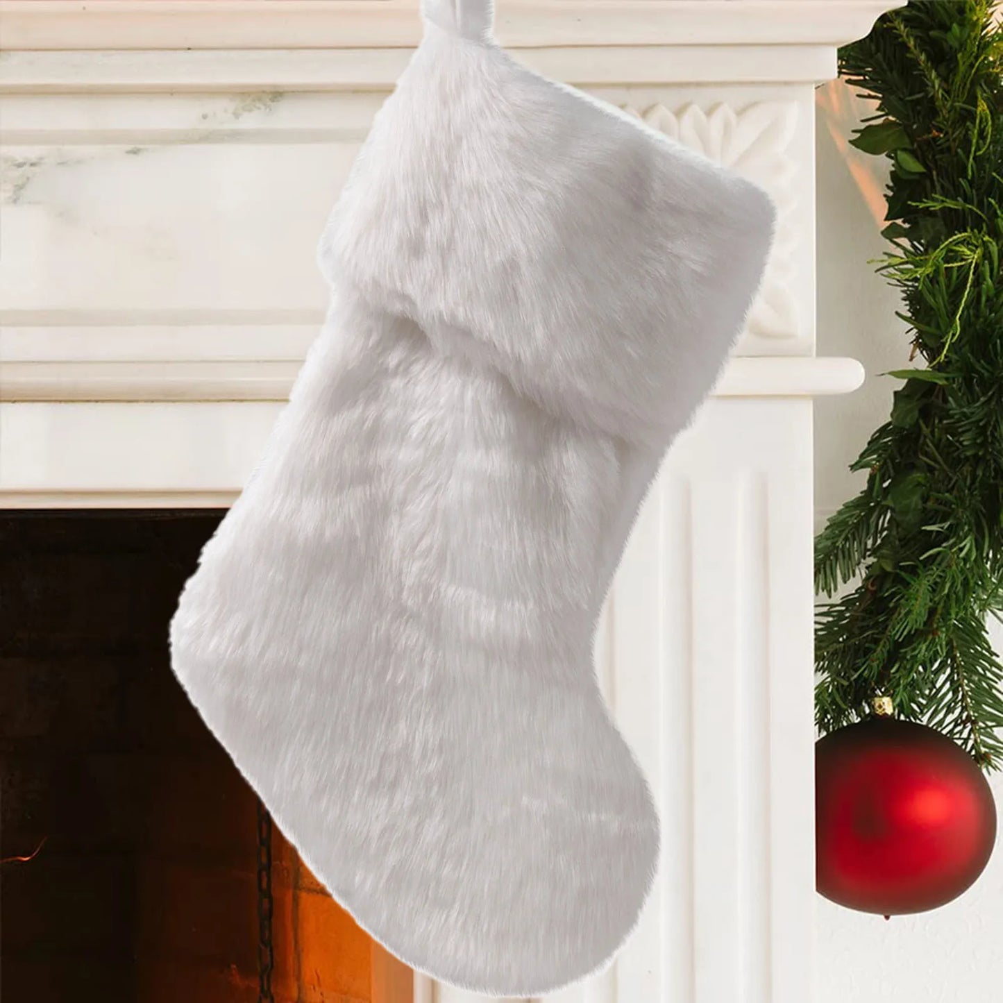 Large White Christmas Stockings Plush Socks Gifts Candy Bag Xmas Tree Pocket Hanging Ornament New Year Christma Decorations