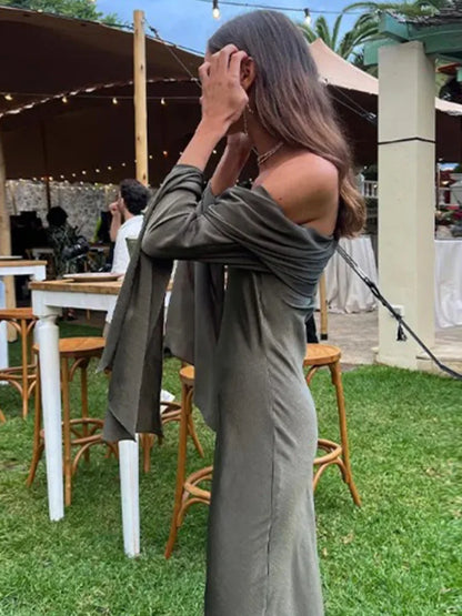 Elegant Pleats Dress For Women Fashion O-neck Long Sleeve Dresses Female 2024 Sping Summer Rose Red Maxi Ladies Vestidos
