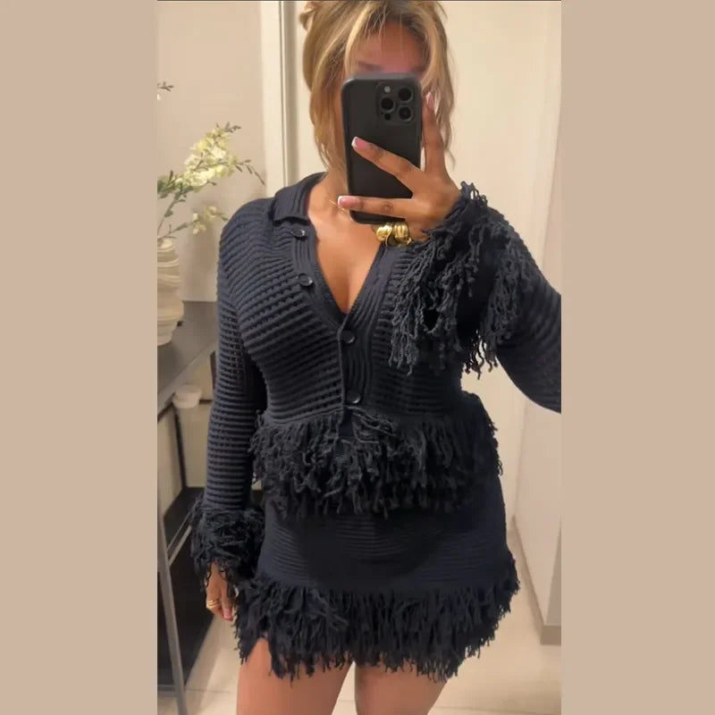Sexy Knitted Tassel Top Skirt Women Set Dark Blue Long Sleeve Lapel Button Tops Pleated Mini Skirts 2025 Fashion Solid Lady Suit