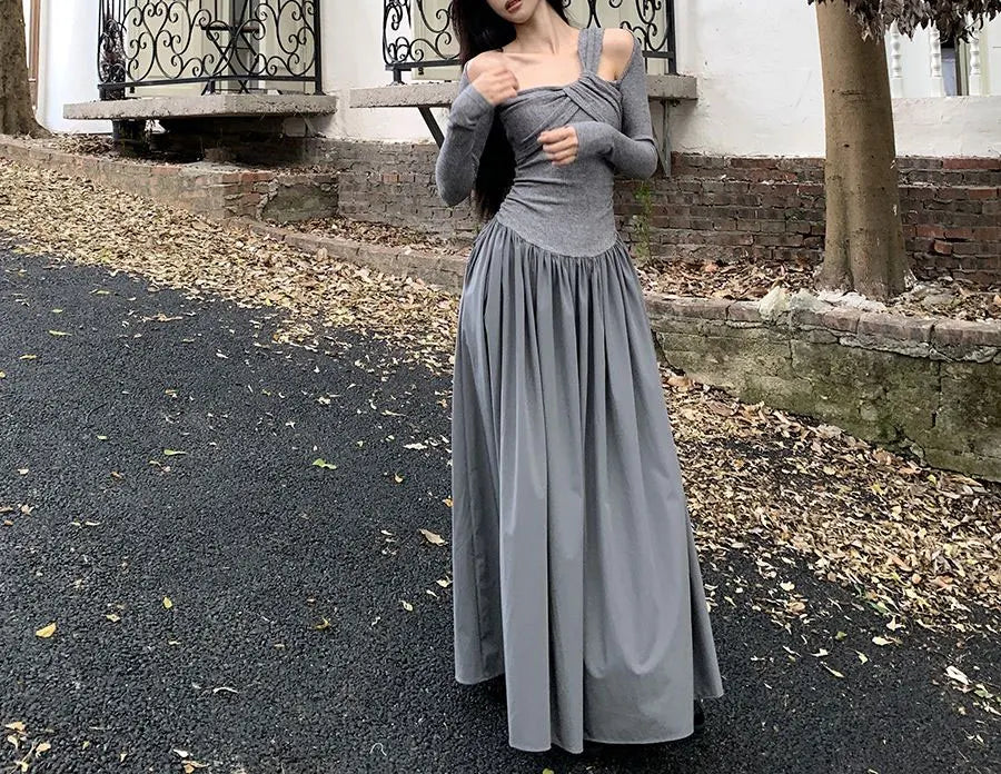 Autumn Skew Collar Halter Aura Dresses Solid Color Female Clothing Folds Stylish Irregular Basic Long Sleeve Spliced Long Dress