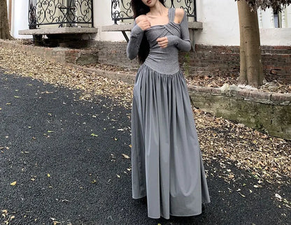 Autumn Skew Collar Halter Aura Dresses Solid Color Female Clothing Folds Stylish Irregular Basic Long Sleeve Spliced Long Dress