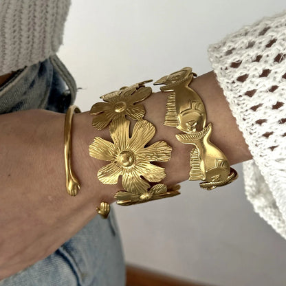 Exaggerated Metal Shell Starfish Flower Bangles Bracelets For Women Men Stainless Steel Fish Bow Heart Open Cuff Bangle Jewelry