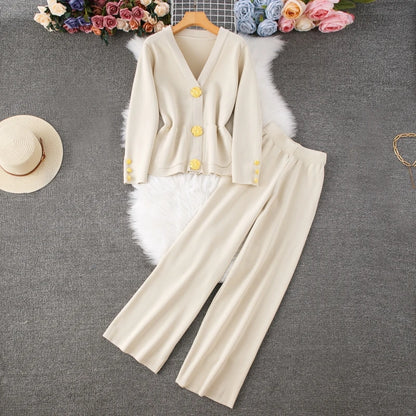2024 Autumn Winter Knitted Set Women Casual Gold Button V-Neck Long Sleeve Sweater Cardigan Coat + Wide Leg Pants Two Piece Sets