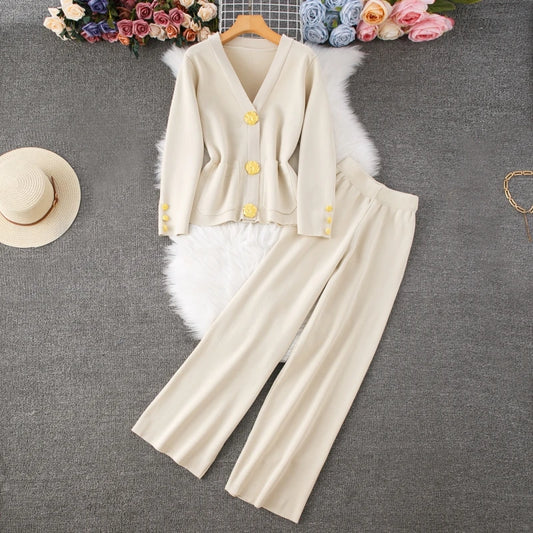 2024 Autumn Winter Knitted Set Women Casual Gold Button V-Neck Long Sleeve Sweater Cardigan Coat + Wide Leg Pants Two Piece Sets