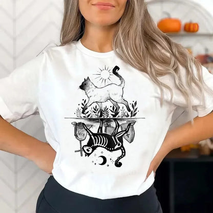 Halloween witch shirt women featuring a playful cat and skeleton design on a white tee