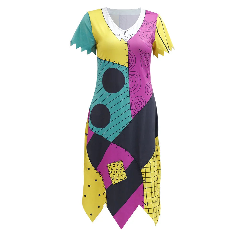 Colorful Nightmare Before Christmas Sally cosplay costume with unique patchwork design for fans