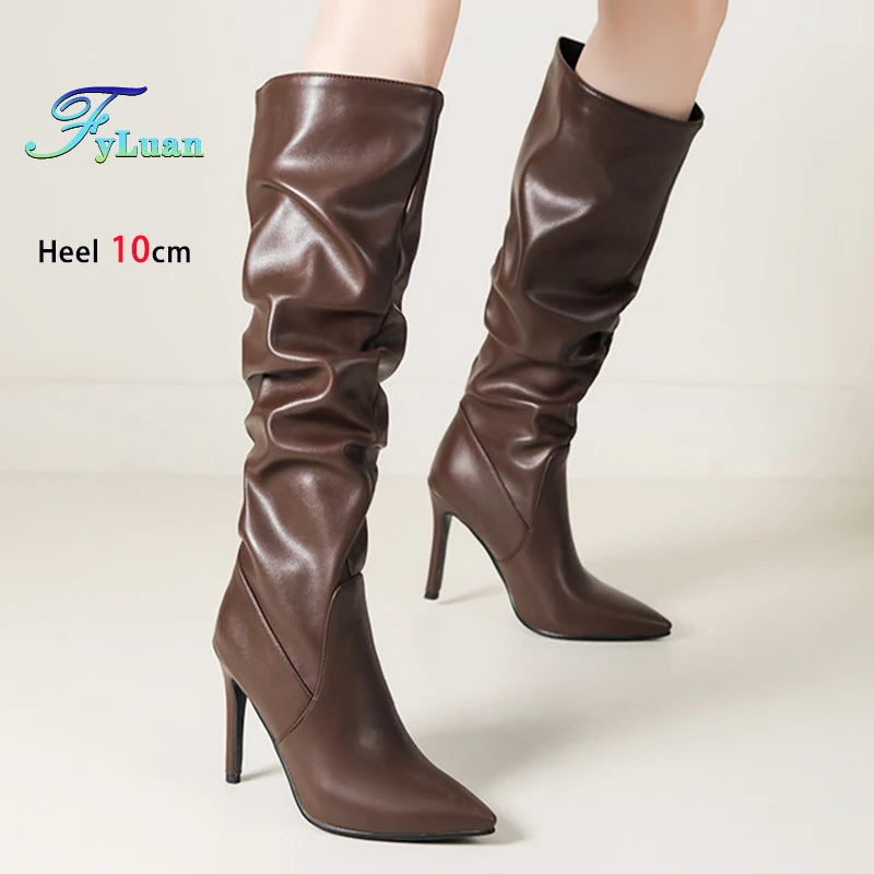 2025 Winter Knee Boots With Heels Woman 10CM Stiletto Fashion Slip on Pointy Autumn Shoes Women Soft Leather Pleated Long Boots