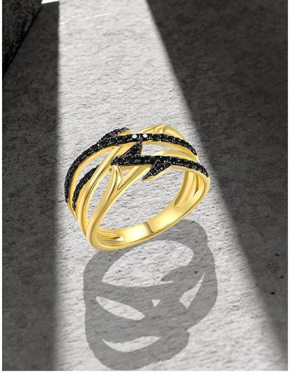 SANTUZZA  Authentic 925 Silver Rings For Women Sterling Silver Black Spinel Yellow Plated Unique Elegant Handmade Fine Jewelry