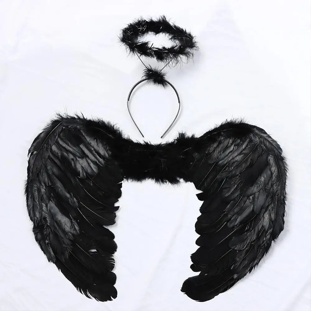 Black angel wings halo costume set featuring feathered wings and a halo headband