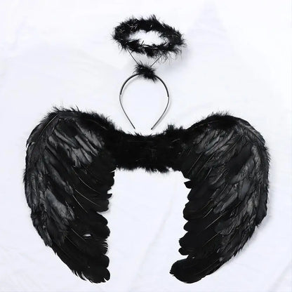 Black angel wings halo costume set featuring feathered wings and a halo headband