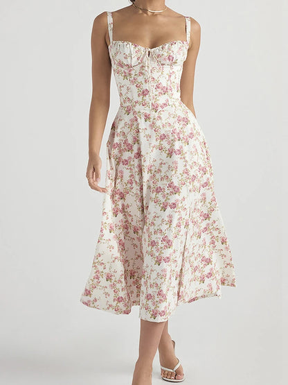 Sleeveless Floral Dress Casual Fashion Slim Fit Sexy Backless Hem Slit Vacation Travel Versatile Suspender Printing Dress