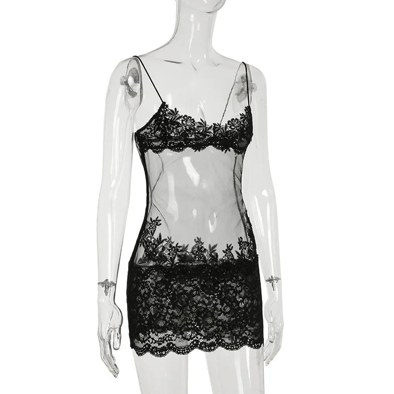 Shestyle Lace Transparent Mini Dress Sexy Women Wrapping Spaghetti Embroidery Flower Sheath Nightwear Club Mesh Wave Fantacy