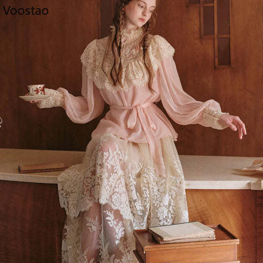 France Style Elegant Sweet 2 Piece Set Women Vintage Lace Patchwork Long Sleeve Blouse Top Mesh Skirt Suit Female Lolita Outfits