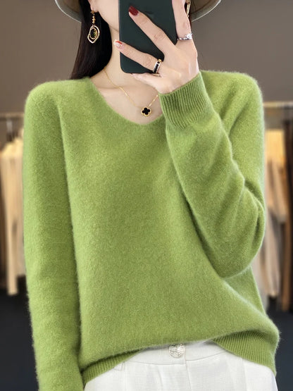 Fashion100% Merino Wool Sweater Cashmere  Pullover Women Knitwear V-Neck Long Sleeve  Autumn Winter Fashion Basic Clothing  Tops