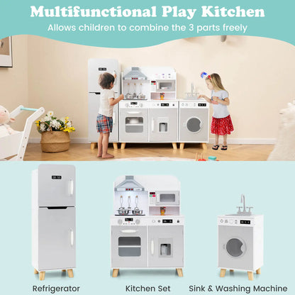 Kids Play Kitchen Toy Set w/ Water Dispenser Sink Faucet Microwave Oven Utensils