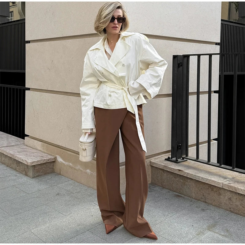 Belted Waist Cropped Trench Double Breasted Stand Collar 2025 Autumn Chic Elegant Women Coat Casual Vintage Office Lady Jacket