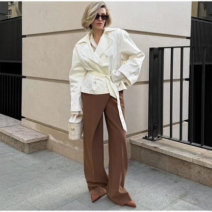 Belted Waist Cropped Trench Double Breasted Stand Collar 2025 Autumn Chic Elegant Women Coat Casual Vintage Office Lady Jacket