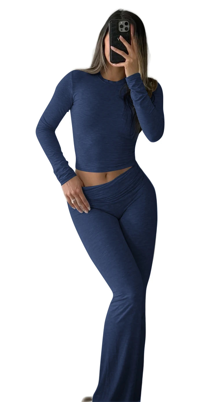 Casual Workout Two Piece Outfits Long Sleeve High Waist Fold-over Flare Flared Leggings Pants Tracksuit Sets Streetwear