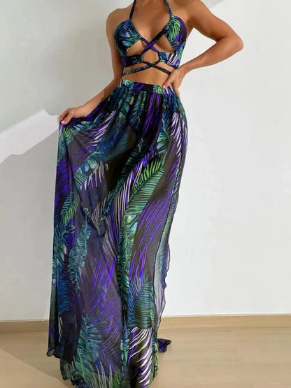 3 Pieces Tie Dye Cross Bikini 2025 Women Sexy Halter Swimsuit & Cover Up Pants Swimwear Bathers Bathing Swimming Suit Beachwear