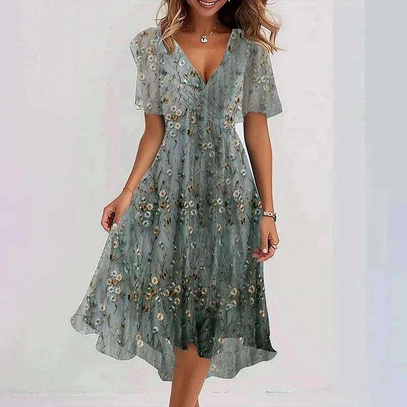 Elegant Sexy V Neck Floral Chiffon Mini Skirt Ladie Summer High-waisted Short Sleeve A-Line Bohemian Dress Evening Dress