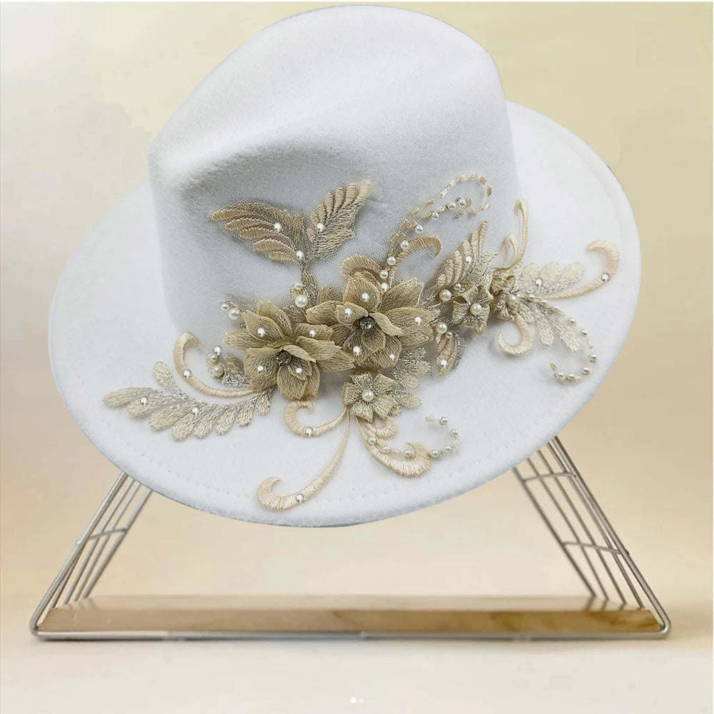 Embroidered three-dimensional flower fedora hat Women's jazz top hat Spring and autumn panama church fashion elegant wedding Hat