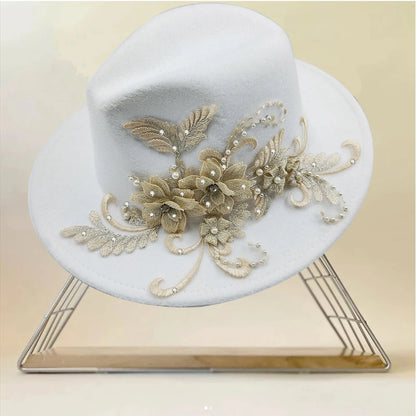 Embroidered three-dimensional flower fedora hat Women's jazz top hat Spring and autumn panama church fashion elegant wedding Hat