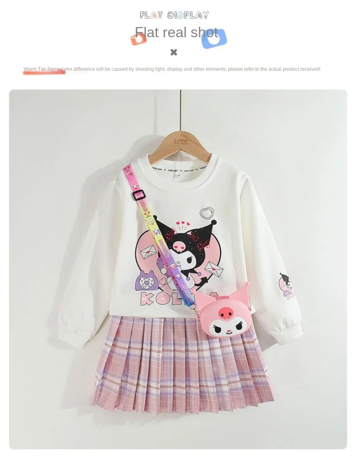 Kids Clothes Set Spring Autumn Children Kuromi Long Sleeved Sweater Tops+Checkered Pleated Skirt 2pce Teen Girls Preppy Clothing