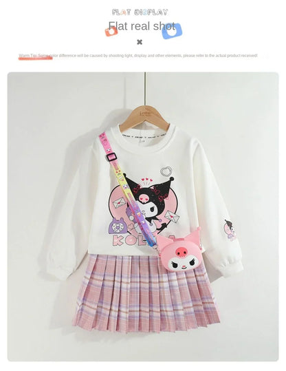 Kids Clothes Set Spring Autumn Children Kuromi Long Sleeved Sweater Tops+Checkered Pleated Skirt 2pce Teen Girls Preppy Clothing