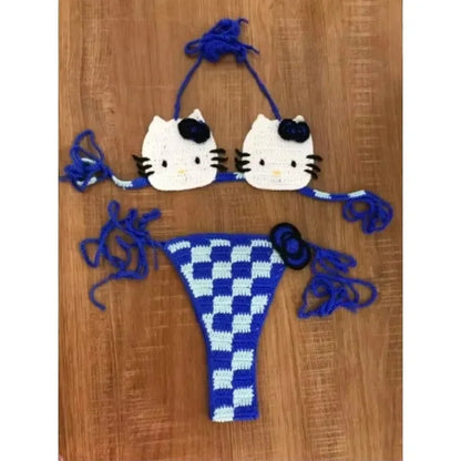 Sanrio Crochet Bikini Set Cute Girls Swimsuits Hello Kitty Sexy Bathing Suit Micro Ties Bikinis Beachwear Women Swimming Suit