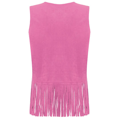 Womens Western Cowgirl Hippy Cosplay Costume Vintage Hollow Out Tassel Tank Tops Fringe Vest 70s Disco Faux Suede Waistcoat