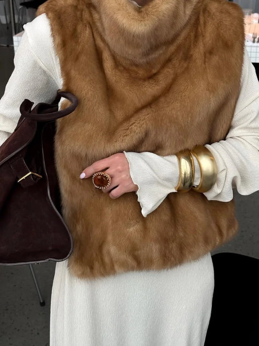 Fashion Women's Faux Fur Vest Sleeveless High Collar Waistcoat Casual Chic Streetwear Outerwear Ladies Fashion Winter 2025 Tops