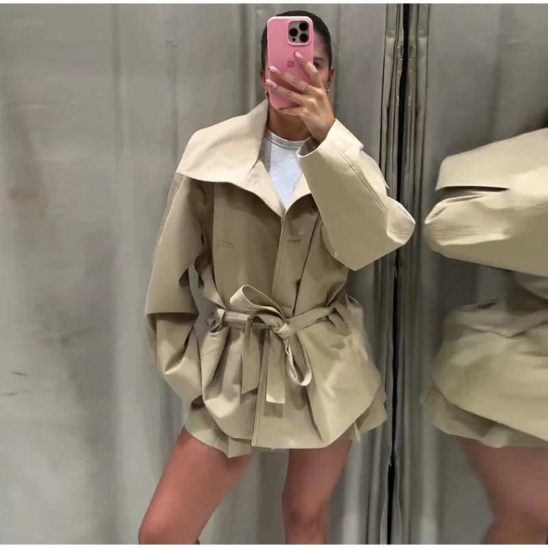 Belted Waist Cropped Trench Double Breasted Stand Collar 2025 Autumn Chic Elegant Women Coat Casual Vintage Office Lady Jacket