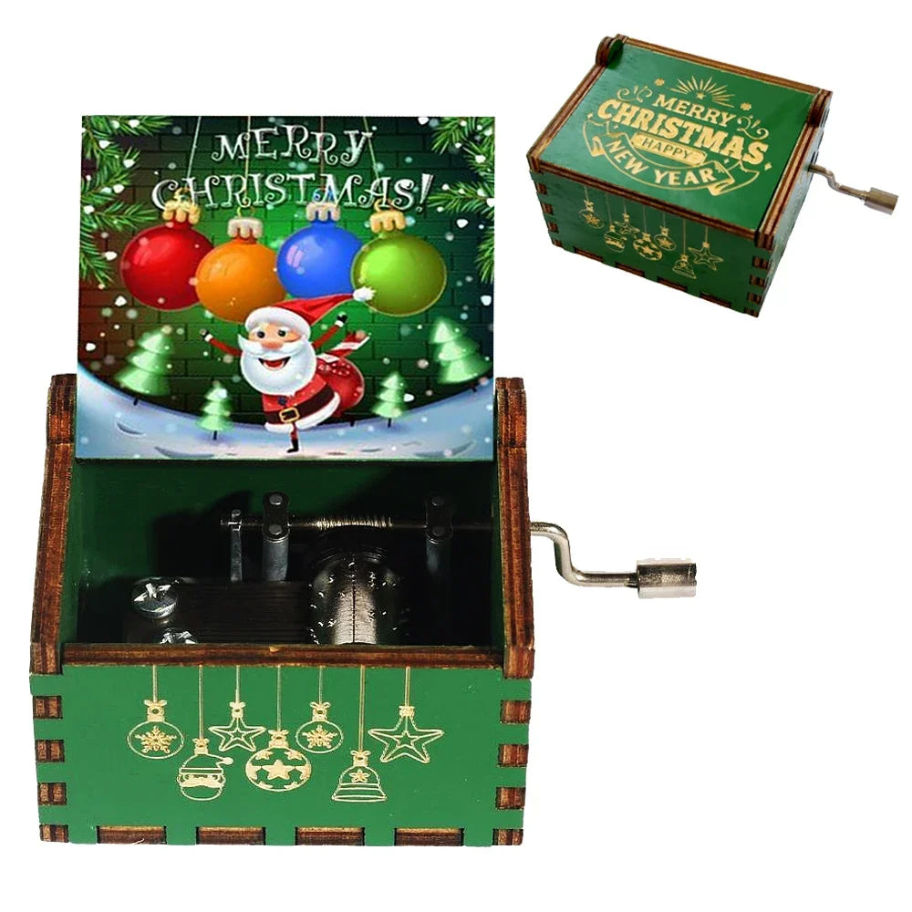 Merry Christmas Music Box Wooden Antique Carved Hand Cranked Classic Theme Music for Birthday Party Gifts Family Decoration