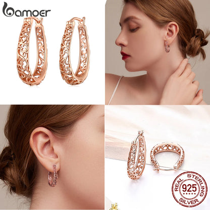 BAMOER 18K Gold Plated Filigree Hoop Earrings 925 Sterling Silver Vintage Vine Earrings For Women Fine Jewelry Original Design