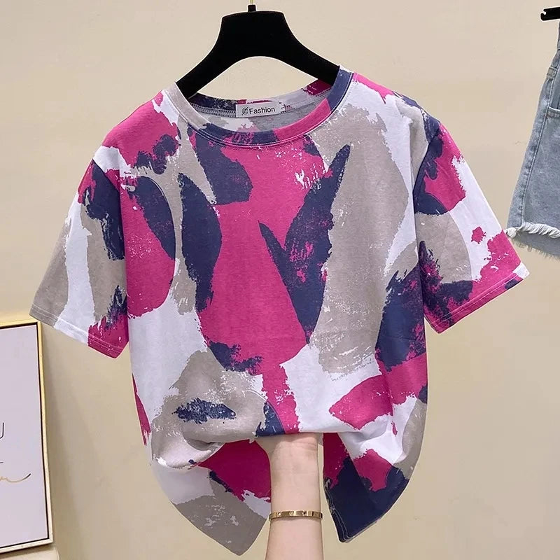 Tie Dye Printing Vintage O-Neck Pullover Short Sleeve T-Shirt Women's Blouse Shirt Korean Fashion Female Clothing Tops 2024