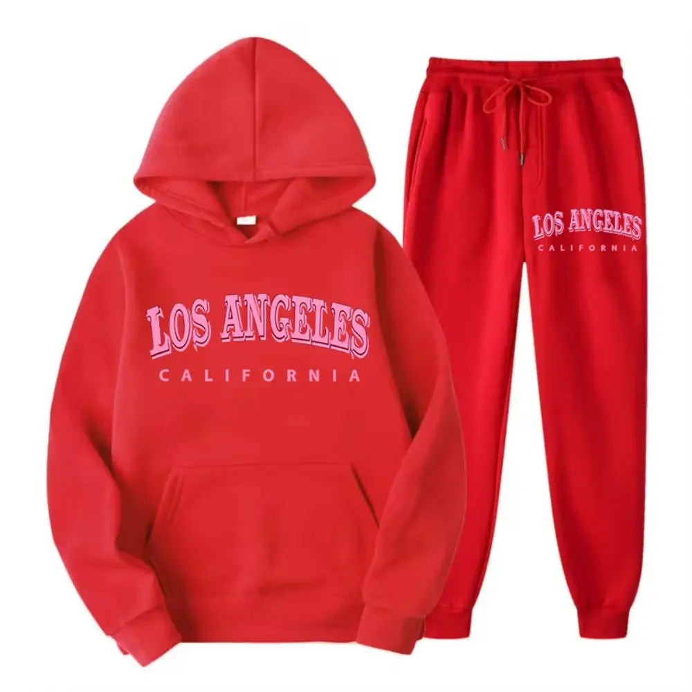 Two Piece Set Street Womens Hoodie & Pants Fleece Pocket Loose Pullover Los Angeles California Print Clothes Fashion Sportswear