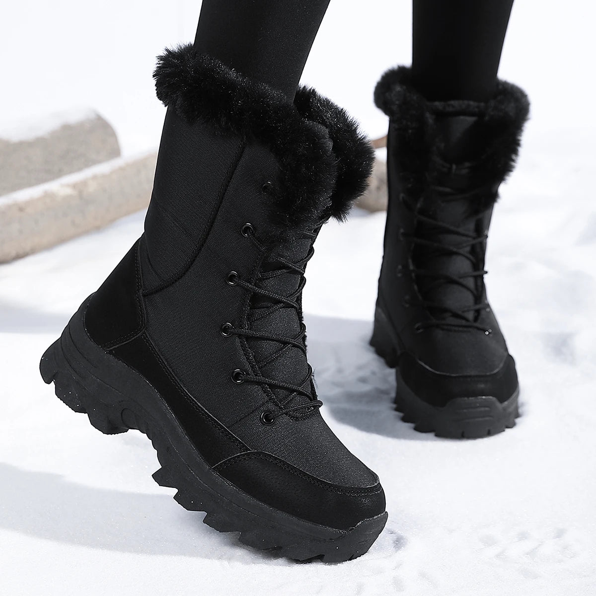 2025 Women's Snow Boots Beige Lace-up Waterproof Antiskid Female New Ankle Boots Walking Shoes plush Winter Warm Mid-Calf Boots