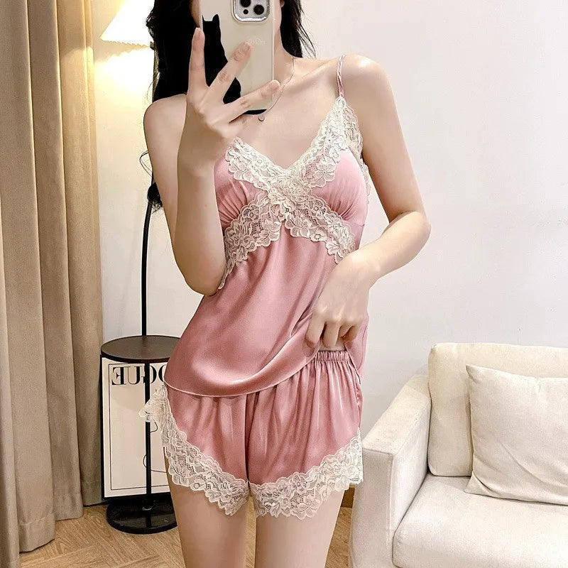 Womens Sexy Satin Pajama Set Lace Trim Cami Top Shorts Lingerie Sleepwear Silky Black Cream V Neck Spaghetti Strap Two Piece
