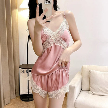 Womens Sexy Satin Pajama Set Lace Trim Cami Top Shorts Lingerie Sleepwear Silky Black Cream V Neck Spaghetti Strap Two Piece